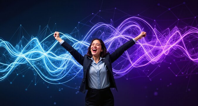A joyful businesswoman celebrates her success as a freelancer and entrepreneur. Dynamic network of light trails in azure and deep purple, forming a complex technological web.
