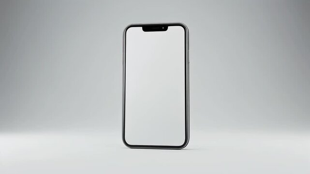 Front-facing smartphone with blank screen centered on neutral gray background, studio-lit minimalist product shot