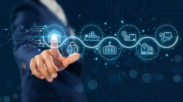 Hand interacting with digital supply chain icons for flexible logistics and adaptive operations