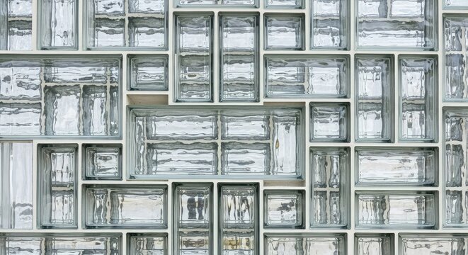 Seamless architectural glass block texture showing clear transparency, soft light reflections, and geometric patterns of thick ice bricks, tile, shiny, structure