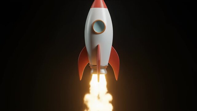 Stylized retro rocket launching against a dark background with bright flames and smoke, centered composition, dramatic lighting