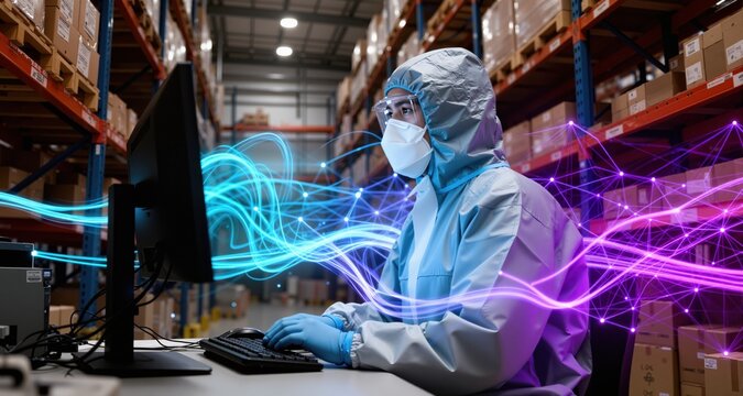 Engineer with protective clothes working with computer in a warehouse. Dynamic network of light trails in azure and deep purple, forming a complex technological web.
