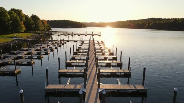 Wooden dock extending into calm water during sunset with sunlight reflection