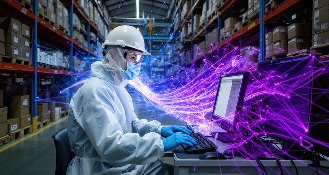 Engineer with protective clothes working with computer in a warehouse. Dynamic network of light trails in azure and deep purple, forming a complex technological web.
