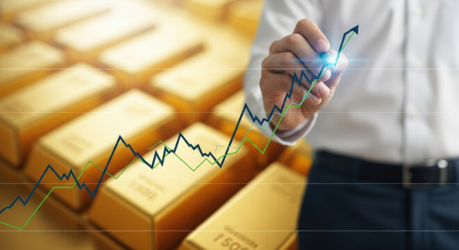 Gold Bar with Upward Business Graph Illustration Finance Concept Progress Statistics Growth Trend Investment Market Hand Analysis Leadership Target