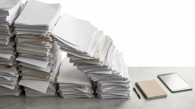 Large stack of white paper sheets next to a notebook and digital tablet on a desk. Excessive consumption of stationery and office supplies. Burnout and workload crisis concept.