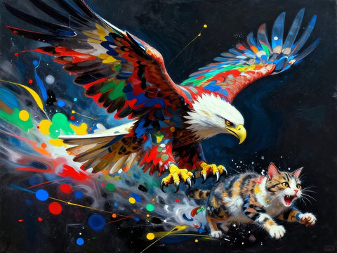 Vibrant abstract painting of a majestic eagle chasing a frightened kitten with explosive colorful splashes, dramatic motion, and dynamic fantasy energy on a dark background.