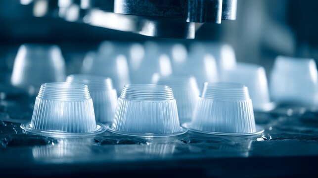 Plastic cups being thermoformed on an automated manufacturing line