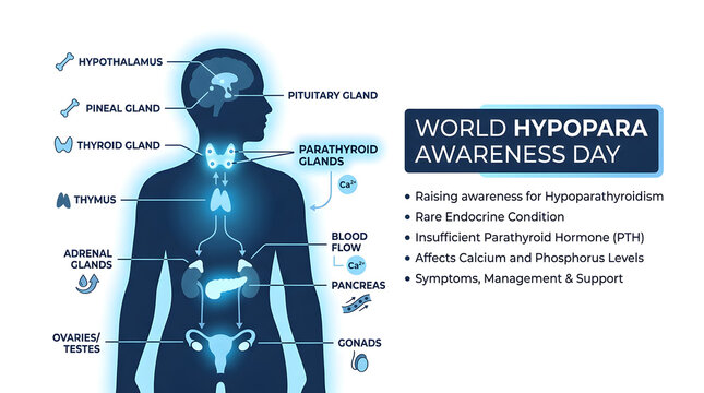 Human Endocrine System diagram with glowing glands and 'World Hypopara Awareness Day' text