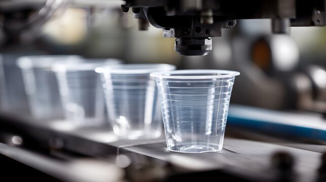 Plastic cups being thermoformed on an automated manufacturing line