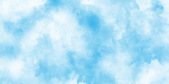 Creative design with grunge aquarelle paper textured canvas for vintage design, blue sky background with white clouds. panorama, watercolor painted mottled blue background.
