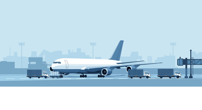 Airplane at airport tarmac with cargo trucks and jet bridge, logistics and transport concept