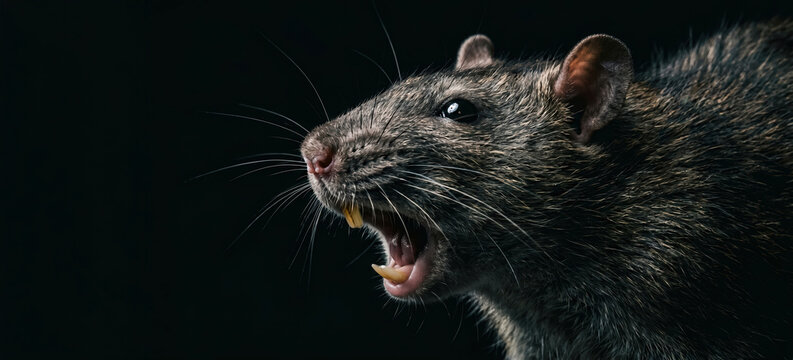 A rat is shown with its mouth open, revealing its sharp teeth. The setting is dark, highlighting the features of the rat. This scene captures a moment of clear activity