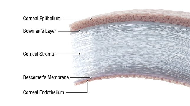 Detailed anatomical illustration of the human eye's cornea layers, showcasing epithelial, Bowman's, stroma, Descemet's membrane, and endothelial tissues