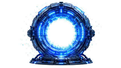 Futuristic sci-fi portal with glowing blue energy, high-tech circular stargate isolated on white, cinematic teleportation gateway for gaming © Momo