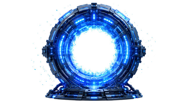 Futuristic sci-fi portal with glowing blue energy, high-tech circular stargate isolated on white, cinematic teleportation gateway for gaming