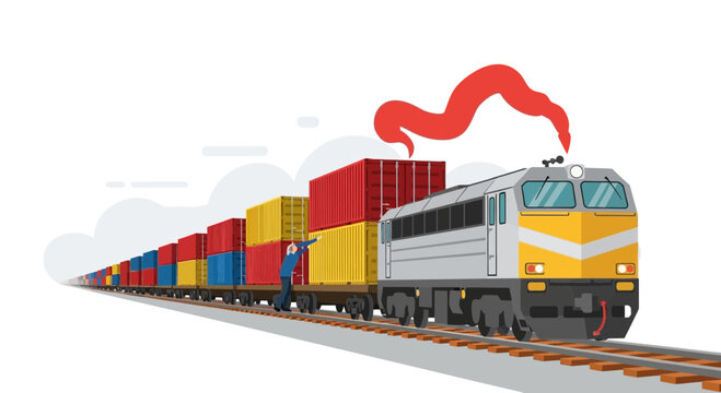 Colorful cargo train carrying shipping containers on railway tracks, logistics concept