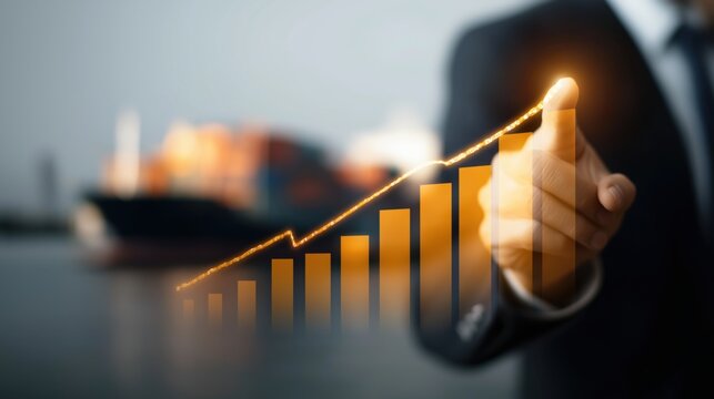 Businessman pointing at rising graph and cargo ships in background, finance trade concept