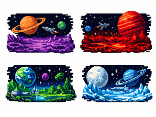 A vibrant collection of pixel art depicting various space scenes, showcasing planets, rockets, and star-filled backgrounds, emphasizing the beauty of cosmos in retro style. © Kongchu