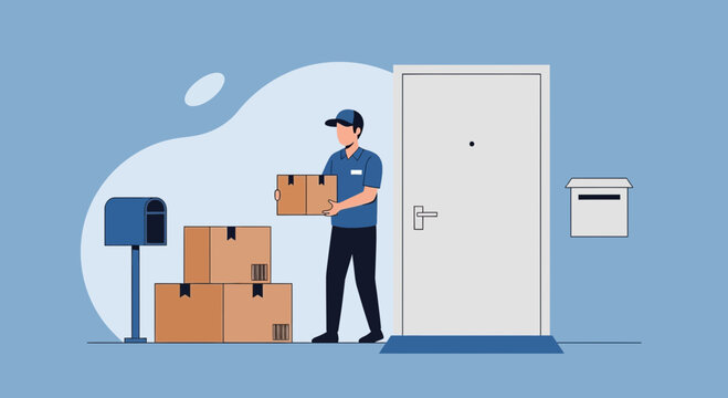 Delivery man holding package at door with boxes and mailbox, doorstep delivery concept