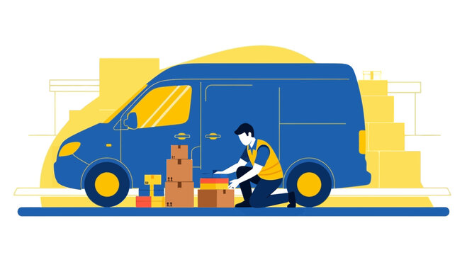 Delivery man loading boxes into a blue van, logistics and shipping concept
