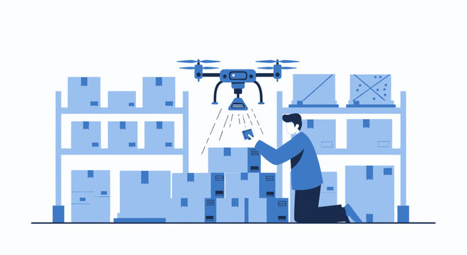 Drone scanning inventory in warehouse with man checking boxes