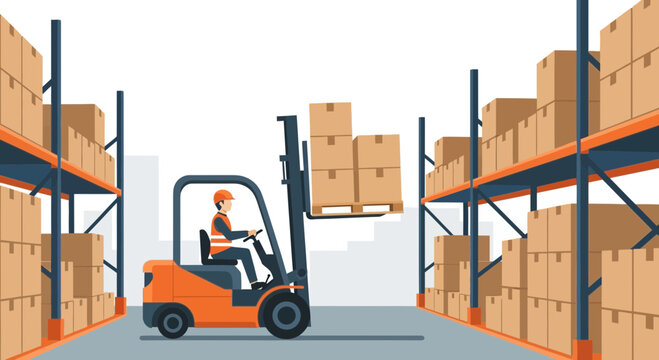 Forklift driver moving boxes in a warehouse, logistics and storage concept