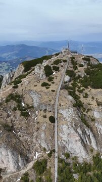 Toaca Peak staircase aerial view mountain valley Romania spring