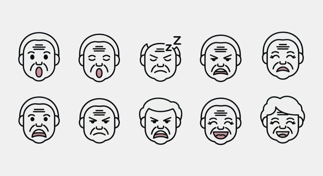 Elderly faces diverse emotions illustration