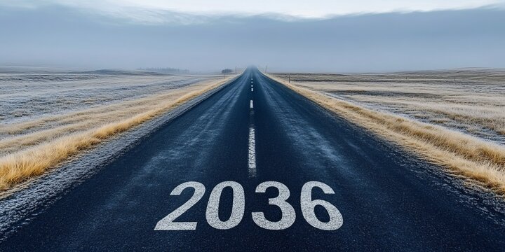 A Scenic Journey on an Endless Asphalt Road Leading to a Bright Future in the Year 2036 Ahead
