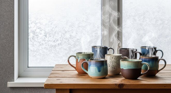 A cozy indoor scene features steam rising from diverse ceramic mugs on a rustic wood table by a frosted window view of falling soft snow, glowing, background, christmas