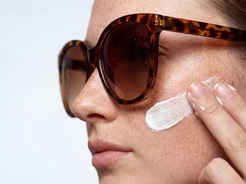 Primer plano macro de una mujer con pecas aplic&aacute;ndose protector solar en el rostro y usando lentes de sol de carey durante un d&iacute;a de verano.