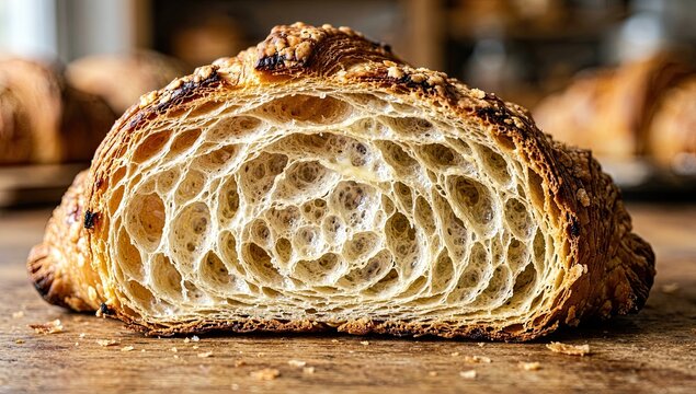 Close up of flaky croissant interior, showing layered dough structure, baked golden brown, french pastry.