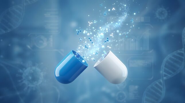 Blue and white medicine pills in a glass with water illustration