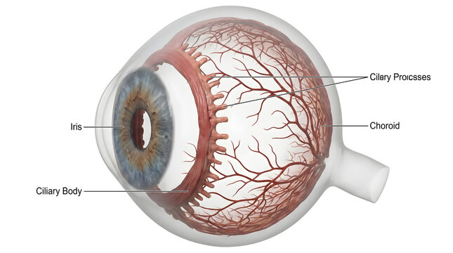 Intricate 3D medical illustration of the human eye's internal anatomy, revealing essential structures like the iris, ciliary body, and vascular choroid crucial for vision