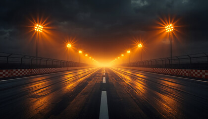 Obraz premium Highway road at night with bright street lights creating light trails in foggy atmosphere