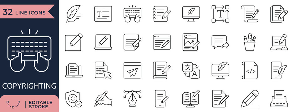 Copywriting and Content Writing Line Icons Set with Text Editing, Typography, and Typewriter