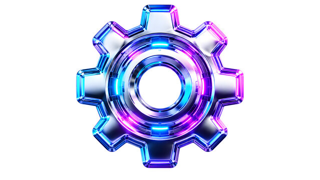 Futuristic metallic gear icon with neon purple and blue lighting, glowing chrome cogwheel for technology and automation concepts, 3D industrial gear