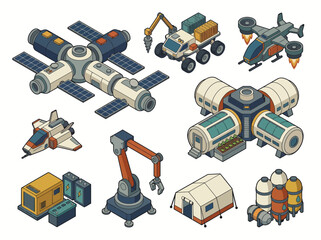 This vibrant illustration depicts a futuristic approach to space exploration, featuring a space station, spacecraft, and agricultural units for sustainable off-planet living. © Jinhong
