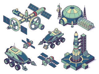 An innovative illustration showcasing futuristic space exploration technologies, including rovers, satellite systems, and space stations, representing advancements in aerospace engineering and explor © Jinhong