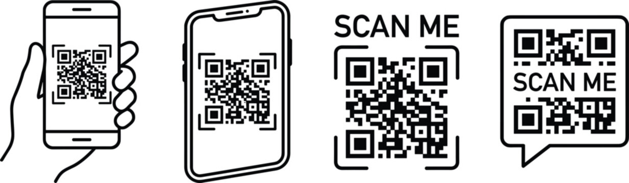 Line Art QR Code Scan Me Icon Set Featuring Mobile Smartphone Screens and Hand Holding Device for Electronic Payment Marketing and Barcode Scanning Applications