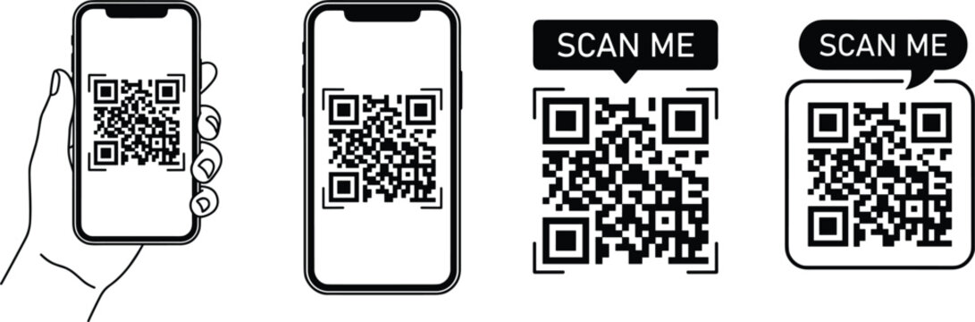 QR Code Scan Me Icon Set Featuring Smartphone Screens and Hand Holding Mobile Phone for Digital Payments Marketing and Barcode Scanning Applications