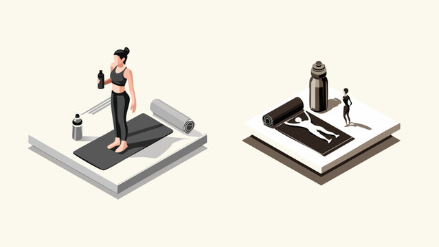 Two isometric illustrations of people doing yoga and exercising with water bottles and mats