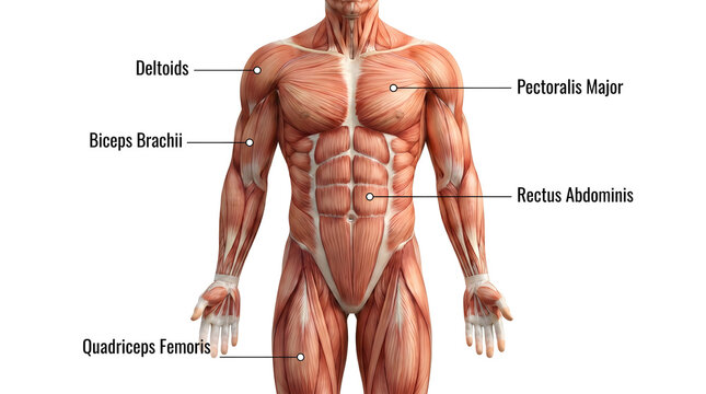 Anatomical illustration of the human muscular system highlighting key muscle groups such as pectoralis major and quadriceps femoris