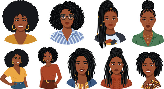 African American Women Stylish Hairstyles Vector Set with Natural Curly Hair Braids and Afro Beauty