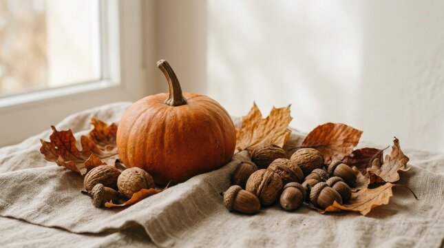 Autumn harvest display with a pumpkin, walnuts, and acorns on a linen tablecloth, rustic fall decor
