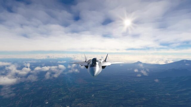 Fighter Jet Soars Through Clouds Above Mountainous Landscape.