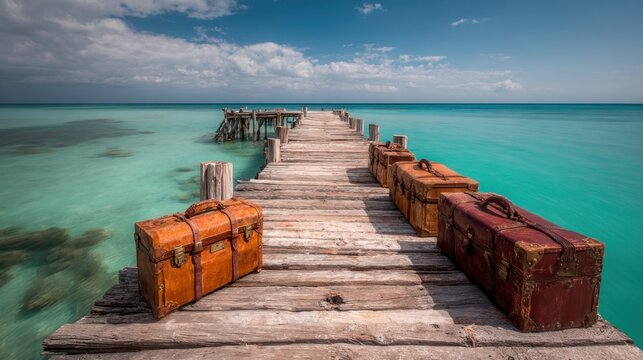 Retro travel suitcases on a weathered wooden jetty extending over crystal clear turquoise sea under a summer sky, journey concept