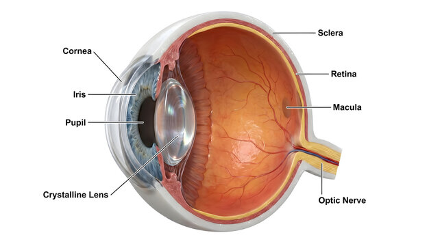 Anatomical illustration of the human eye, detailing its internal structure and key components for educational purposes