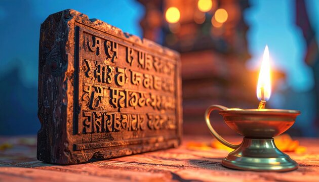 An aged hand-carved wooden plaque featuring intricate Sanskrit verses, illuminated by warm light